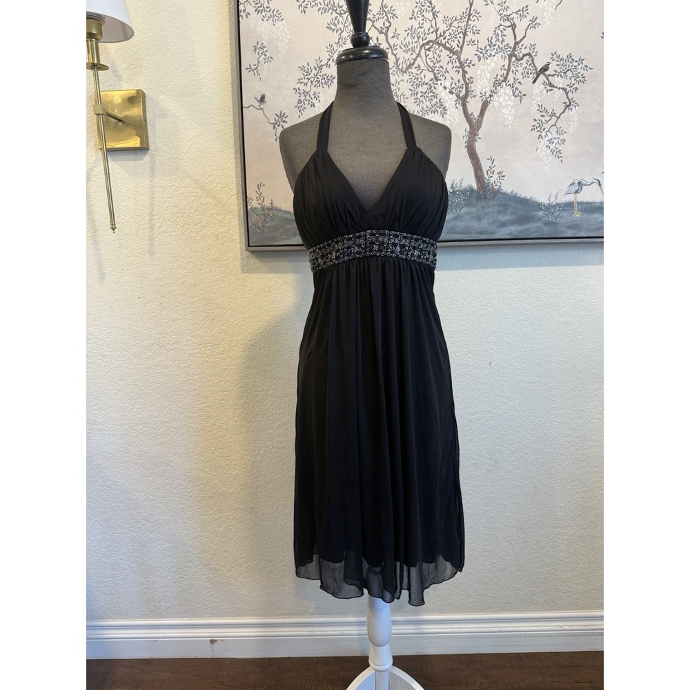 City Triangles Black  Halter Beaded Knee Length Dress Empire Waist Vintage.